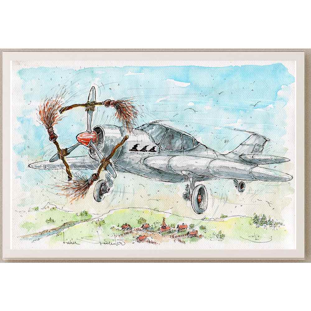 Liviu Stanila Witch Plane Kişiye Özel Sertifikalı Sınırlı Fine Art Karikatür Baskı CAD00055