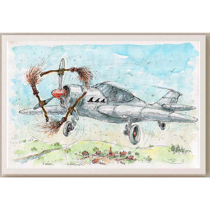 Liviu Stanila Witch Plane Kişiye Özel Sertifikalı Sınırlı Fine Art Karikatür Baskı CAD00055